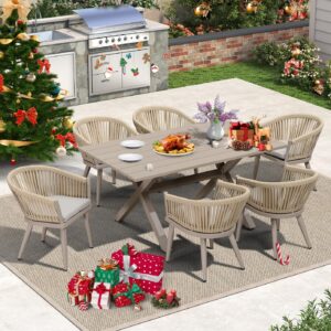 purple leaf 7 pieces outdoor dining set with patio aluminium dining table and wicker rattan chairs modern furniture cushions sets for backyard indoor decor kitchen champagne