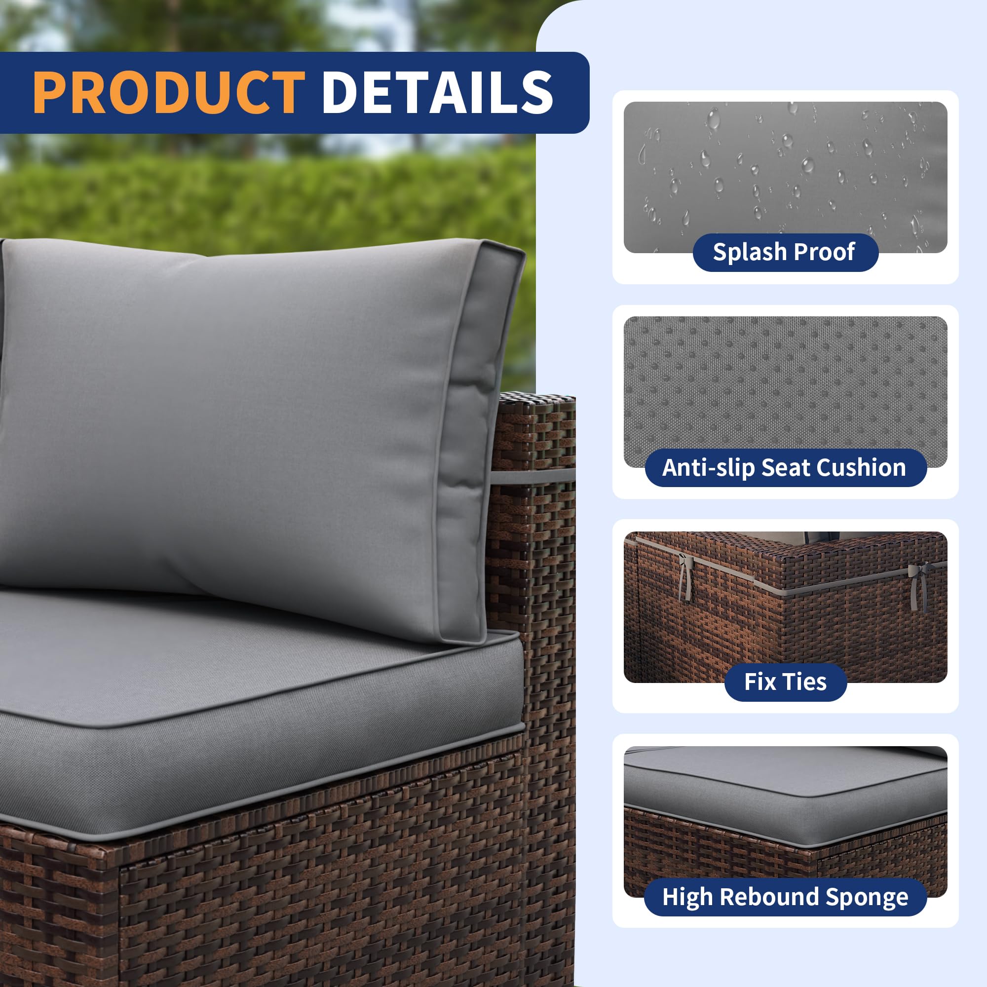 VONZOY Patio Furniture Set, 7-Piece Outdoor Sectional with Waterproof Cover, All-Weather Wicker Patio Conversation Sets for Backyard (Brown with Grey Cushion)