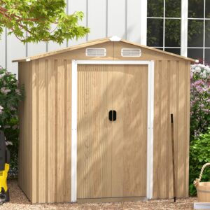 ironmax outdoor storage shed, 6x4 ft galvanized steel large garden shed w/lockable sliding doors & air vent, wood grain style heavy duty waterproof tool storage house for backyard patio lawn