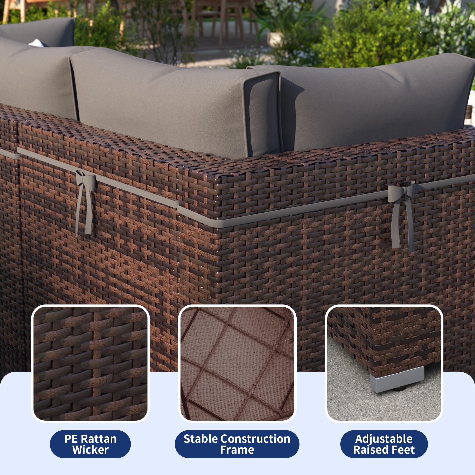 VONZOY Patio Furniture Set, 7-Piece Outdoor Sectional with Waterproof Cover, All-Weather Wicker Patio Conversation Sets for Backyard (Brown with Grey Cushion)