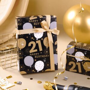 WRAPAHOLIC 21st Birthday Wrapping Paper - Mini Roll - 17 Inch x 33 Feet - Black Gold Balloon Design for Birthday, Party, Holiday