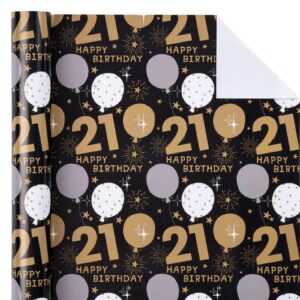 WRAPAHOLIC 21st Birthday Wrapping Paper - Mini Roll - 17 Inch x 33 Feet - Black Gold Balloon Design for Birthday, Party, Holiday