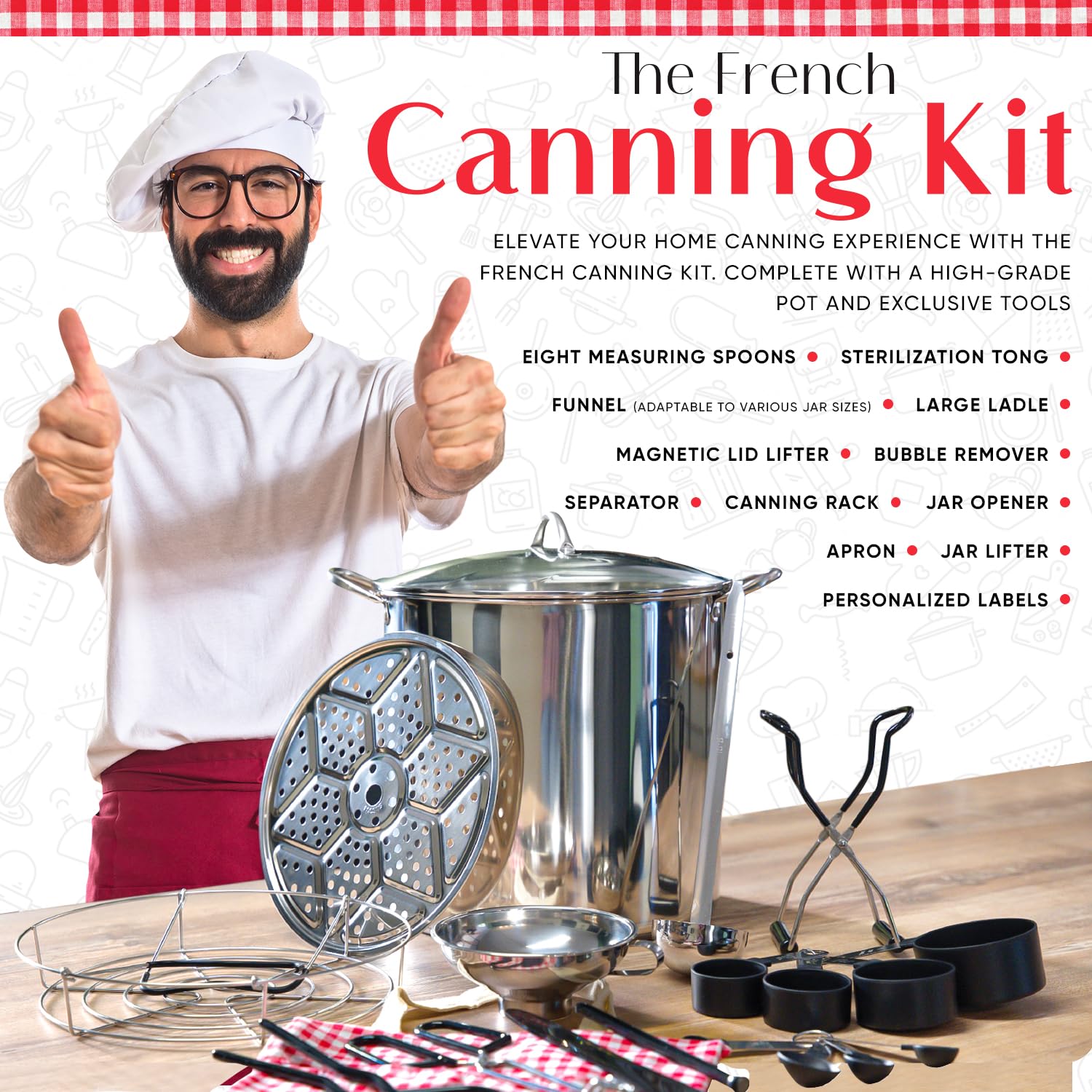 Canning pot with rack and lid - Water bath canner for canning - Complete premium canning kit with large Pot 21.5 Qt in stainless steel 304 - The French canning kit by La Cuisine de Camille