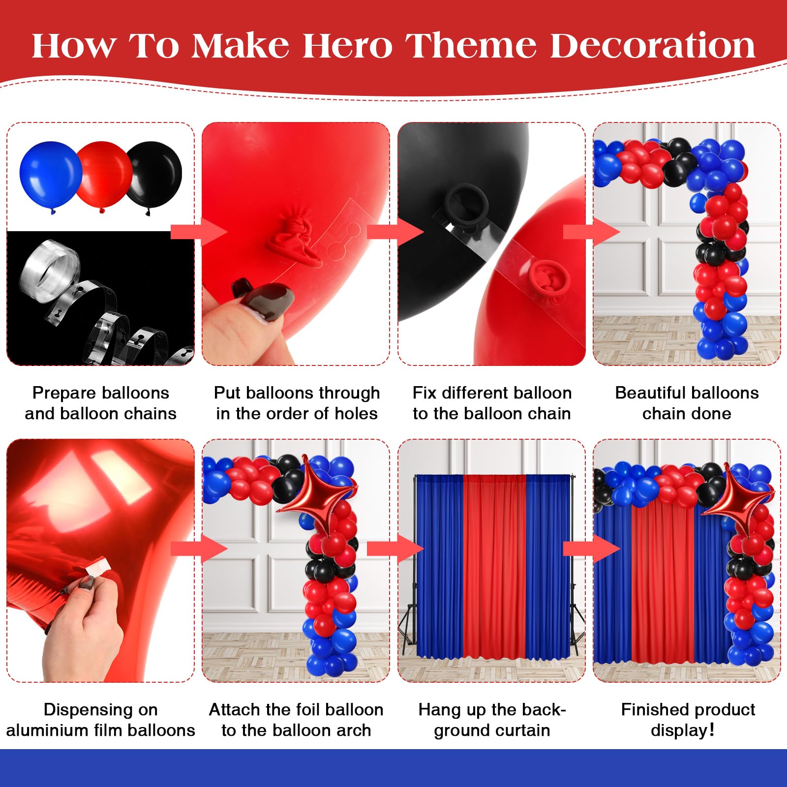 SmoothNovelty 57 Pcs Red Blue Black Party Decorations 2 Royal Blue and 1 Red Chiffon Backdrop Curtain 54 Pcs Black Red and Blue Balloons Arch Garland Kit for Birthday Graduation Party Decorations