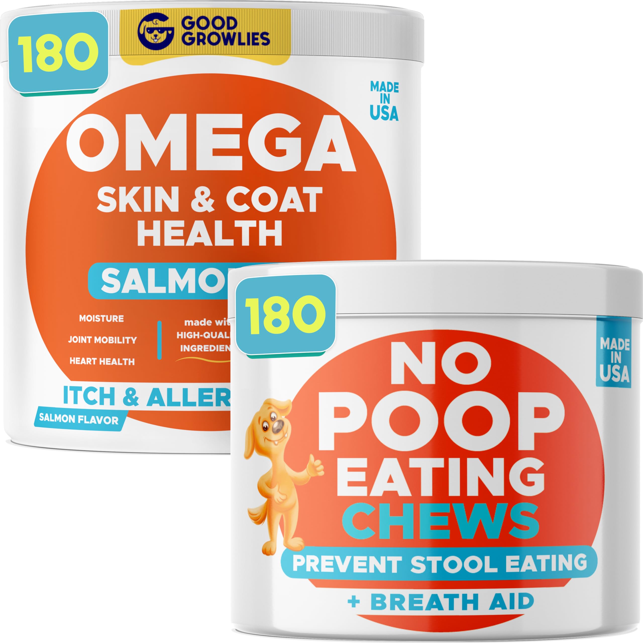 Omega 3 + No Poo Dogs Bundle - Skin&Coat + Coprophagia Treatment - EPA&DHA Fatty Acids + Probiotics & Digestive Enzymes - Heart, Hip& Joint Support + Boosts Gut Health - 300 Chews - Made in USA