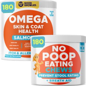 omega 3 + no poo dogs bundle - skin & coat + coprophagia treatment - epa & dha fatty acids + probiotics & digestive enzymes - heart, hip & joint support + boosts gut health - 300 chews - made in usa