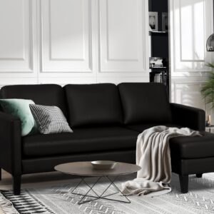 MAGIC UNION Faux Leather Convertible Sectional Couch Sofa L-Shape Sectional Sofa with Chaise Reversible 3-Seat Modern Linen Fabric Small Couches for Living Room,Apartment,Small Space,Office (PU Black)