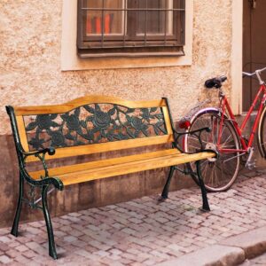 HAPPYGRILL Outdoor Garden Bench, Patio Park Bench with Cast Iron & Hardwood Structure, 50" Porch Loveseat Outdoor Furniture Path Chair