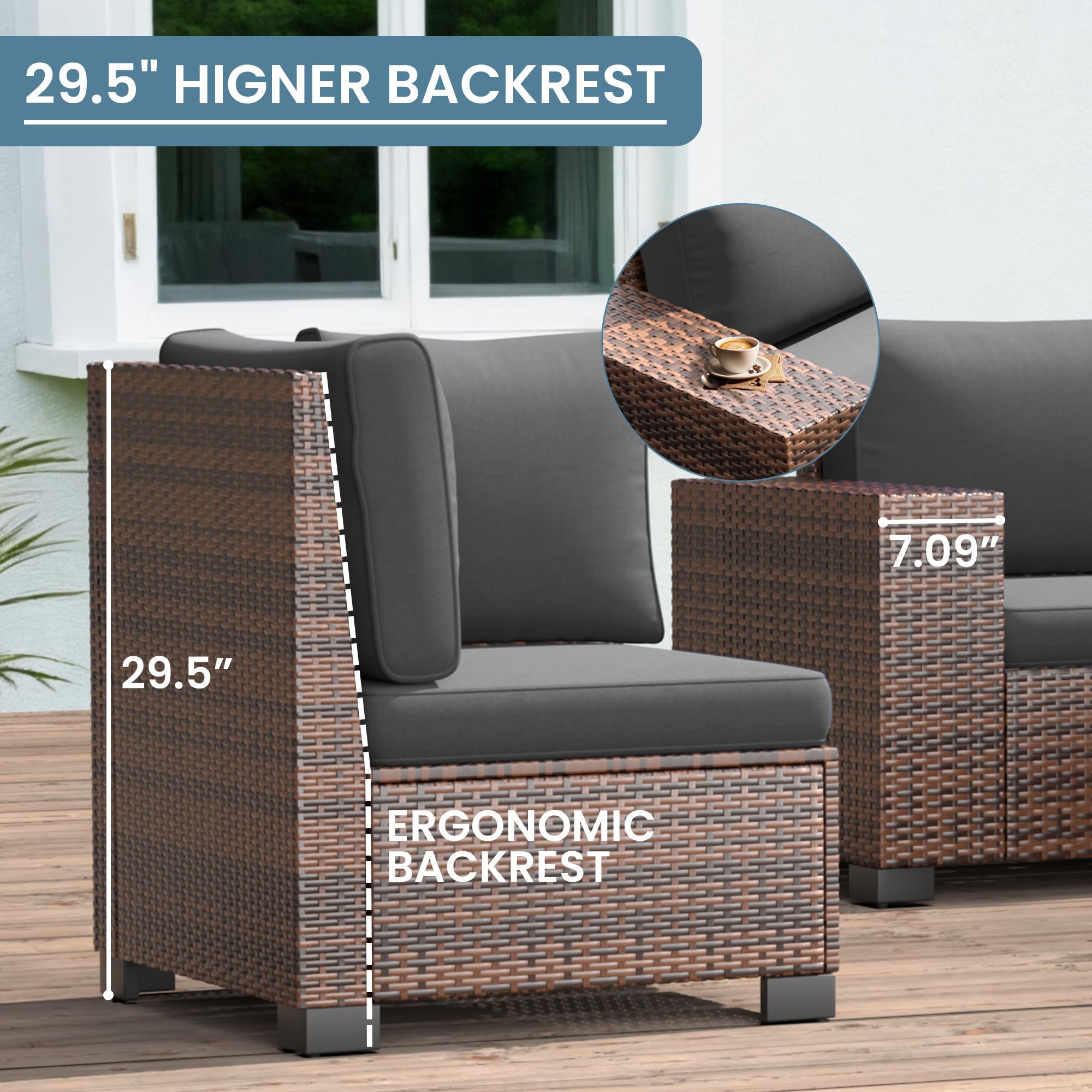 Amopatio Outdoor Sectional Furniture Set 6-Piece Brown Rattan Wicker Conversation Sofa Set with Glass Top Table and Waterproof Covers,Grey Cushions