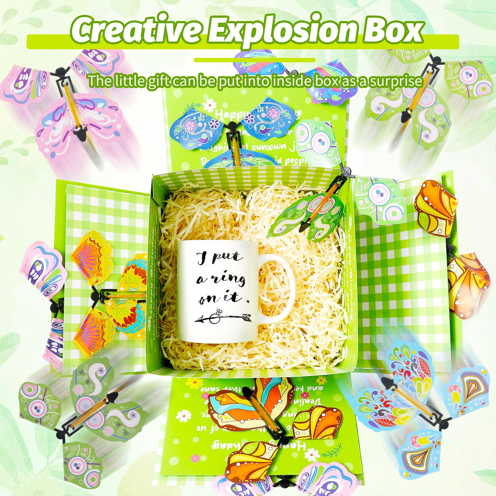 XLSXEXCL Birthday Explosion Gift Box, Birthday Flying Butterfly Surprise Gift Box, DIY Exploding Surprise Birthday Gift for Birthdays, Wedding, Mother's Day, Anniversaries, 7.9x7.9x5.1in