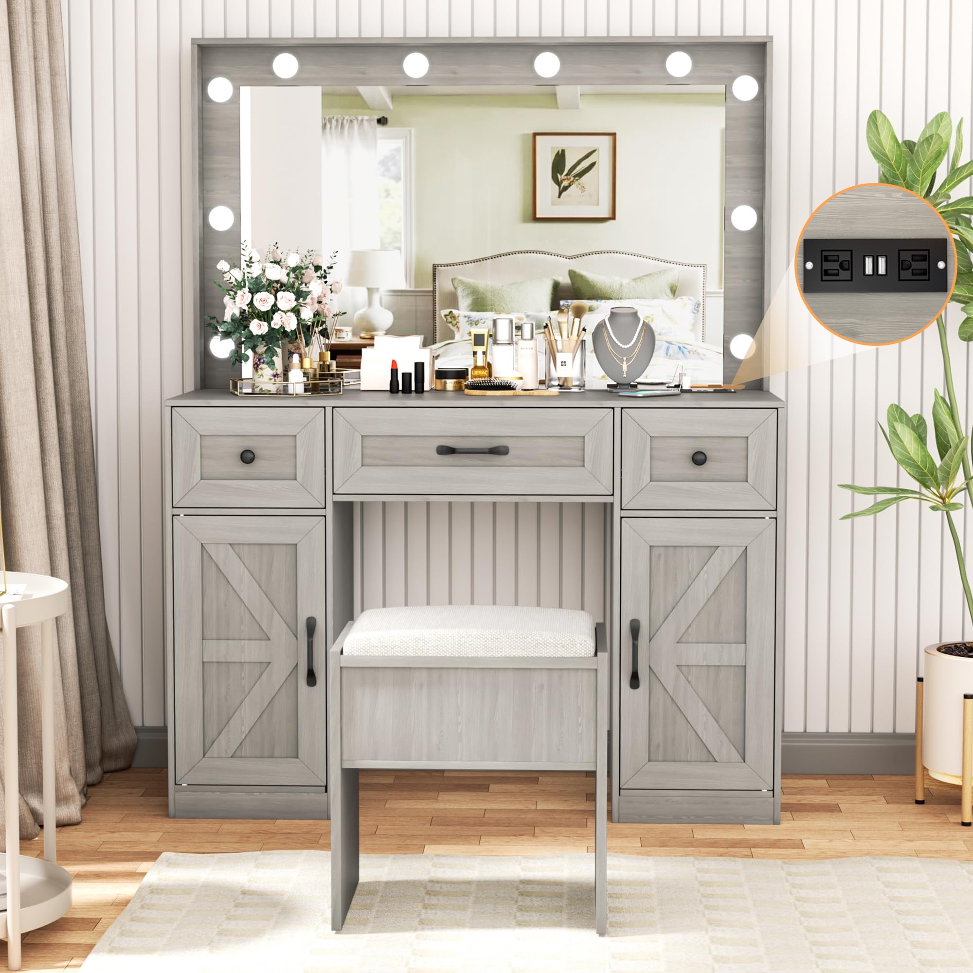 Greenvelly Makeup Vanity Table with Lighted Mirror, Grey Vanity Desk with 3 Lighting Modes and Stool Set, Dressing Table with Drawers, Vanity Desk for Women and Girls' Bedroom