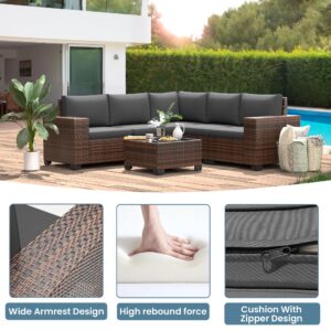 Amopatio Outdoor Sectional Furniture Set 6-Piece Brown Rattan Wicker Conversation Sofa Set with Glass Top Table and Waterproof Covers,Grey Cushions