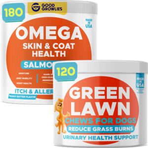 omega 3 + grass burn spot dogs bundle - skin&coat + pee lawn spot saver - epa&dha fatty acids + w dl-methionine - heart, hip& joint support + dog pee lawn repair - 300 chews - made in usa