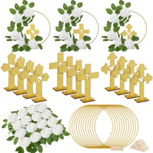 wesiti 48 pcs baptism centerpiece decoration for table 12 wood cross 12 metal floral hoop centerpiece with stand 24 foam rose with stem for baptism baby shower wedding(gold and white,stylish)