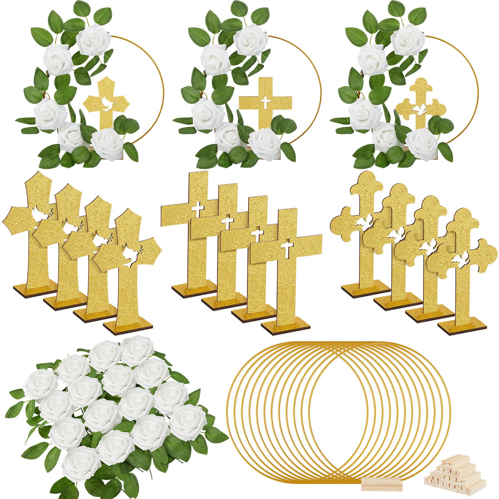 Wesiti 48 Pcs Baptism Centerpiece Decoration for Table 12 Wood Cross 12 Metal Floral Hoop Centerpiece with Stand 24 Foam Rose with Stem for Baptism Baby Shower Wedding(Gold and White,Stylish)