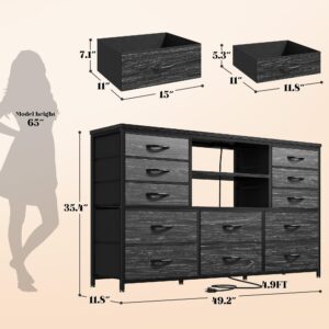 EnHomee Black Dresser with LED Lights & Power Outlets, 12 Drawers Dresser TV Stand for 60''TV for Bedroom Dresser Fabric Dressers & Chest of Drawers, Sturdy Long Dresser for Closet Living Room,Hallway