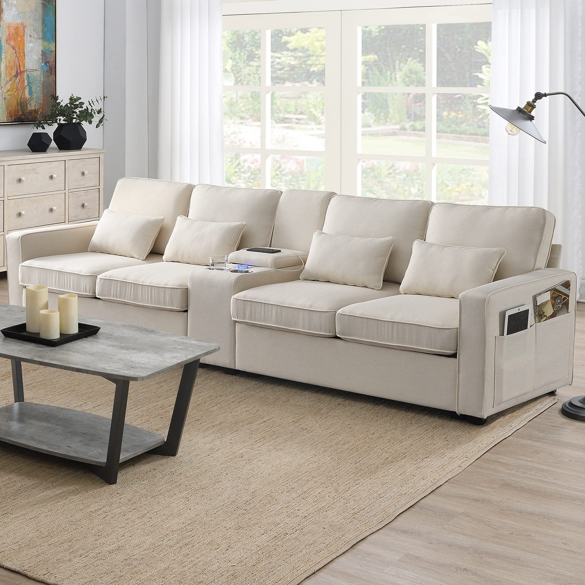 Favfurish 114.2" Linen Upholstered Sofa with Consoleand 2 USB Ports Wired or Wirelessly Charged,Modern 4-Seat Couches W/ 4 Pillows and Two Cupholders,for Living Room,Apartment,Beige