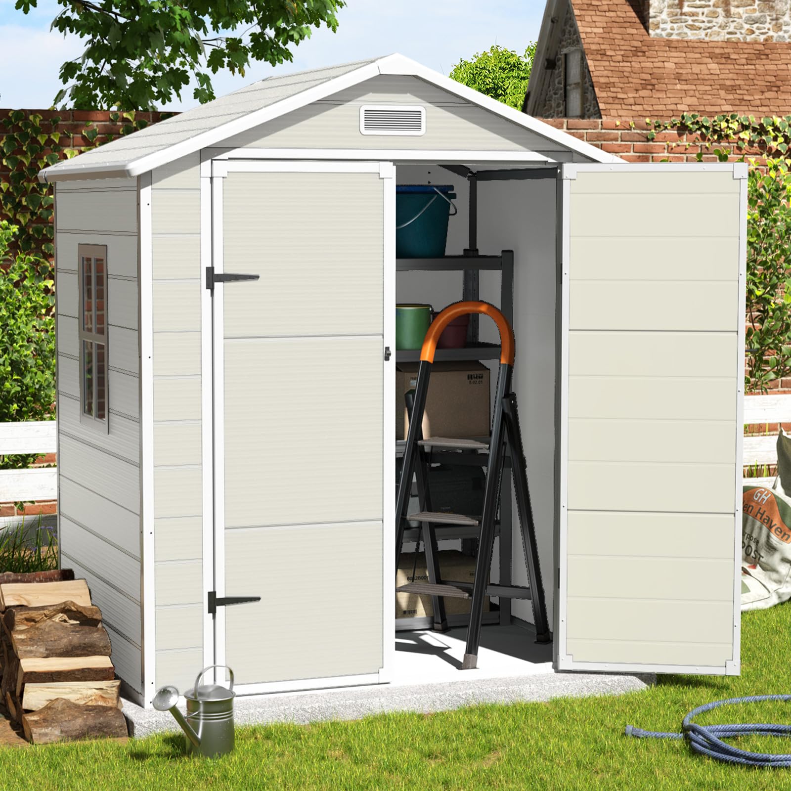 VONZOY Outdoor Storage Shed, 6x4.5 FT Resin Shed with Floor and Lockable Door, Window & Vents, Waterproof Tool Sheds & Outdoor Storage for Bike, Garbage Cans,Garden Accessories, Sandstone