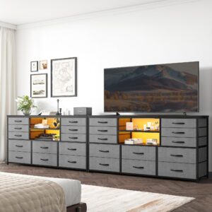 EnHomee Long Dresser for Bedroom with 12 Fabric Drawers,Bedroom Dresser with LED Lights & Power Outlet, Wooden Top & Metal Frame,for Living Room, Closet, Grey, 49.2''W*11.8''D*35.4''H