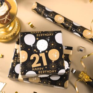 WRAPAHOLIC 21st Birthday Wrapping Paper - Mini Roll - 17 Inch x 33 Feet - Black Gold Balloon Design for Birthday, Party, Holiday