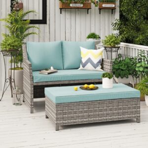 oc orange-casual 2-piece outdoor patio furniture wicker love-seat and coffee table set, with built-in storage bin, grey rattan, green cushions