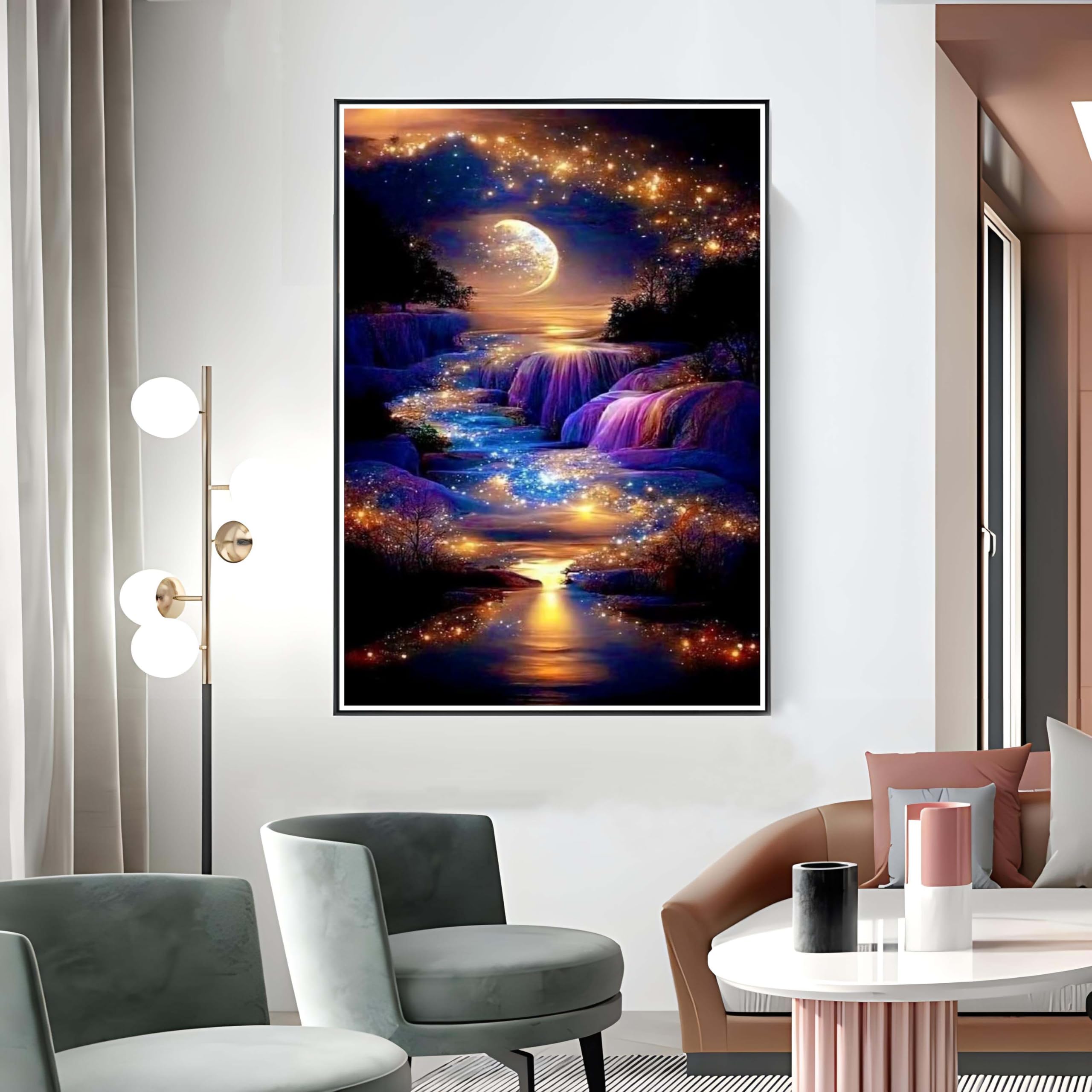 Waterfall Landscape Diamond Art Kits For Adults,DIY Moonlight Diamond Painting Kits For Adults Beginners,5D Full Drill Diamond Dots With Diamond Gem Art And Crafts For Home Wall Decor 12x16inch