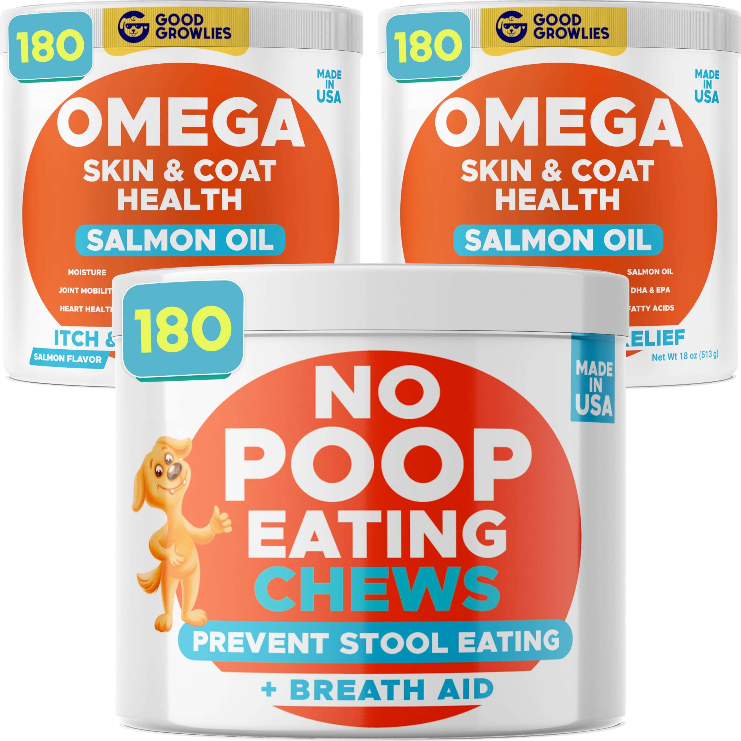 Omega 3 + No Poo Dogs Bundle - Skin&Coat + Coprophagia Treatment - EPA&DHA Fatty Acids + Probiotics & Digestive Enzymes - Heart, Hip& Joint Support + Boosts Gut Health - 480 Chews - Made in USA