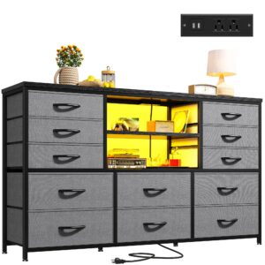 enhomee long dresser for bedroom with 12 fabric drawers,bedroom dresser with led lights & power outlet, wooden top & metal frame,for living room, closet, grey, 49.2''w*11.8''d*35.4''h