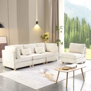 MYINDA L Shaped Convertible Modular Sectional Sofa with Movable Ottoman, Free Combination Corduroy Upholstered Corner Couch with Wooden Legs and Thicked Cushions for Living Room (Beige)