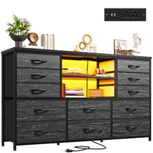 enhomee black dresser with led lights & power outlets, 12 drawers dresser tv stand for 60''tv for bedroom dresser fabric dressers & chest of drawers, sturdy long dresser for closet living room,hallway