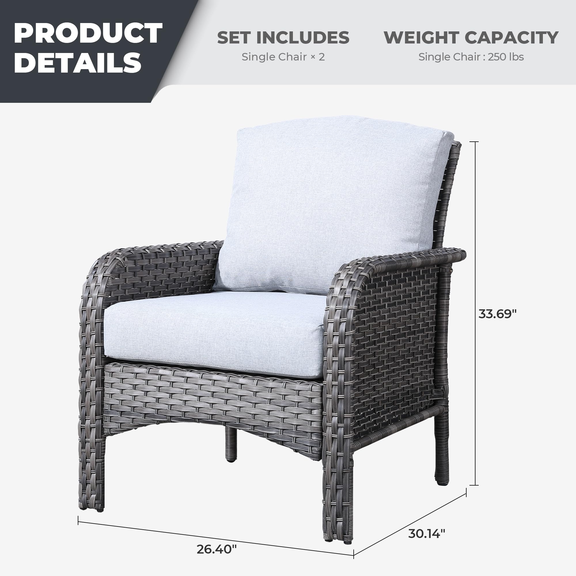 CAODOC 2 Pack Wicker Patio Furniture Chairs,Outdoor Rattan Chairs with Armrest Support 250 lb,Gray