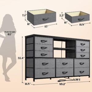 EnHomee Long Dresser for Bedroom with 12 Fabric Drawers,Bedroom Dresser with LED Lights & Power Outlet, Wooden Top & Metal Frame,for Living Room, Closet, Grey, 49.2''W*11.8''D*35.4''H