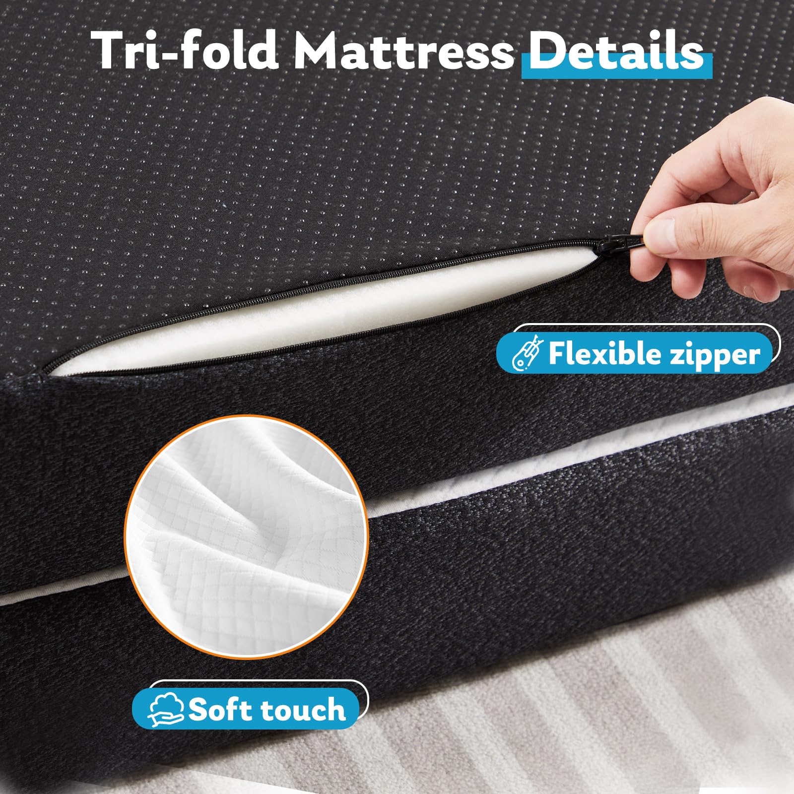 wOod-it Folding Mattress, 4 inch Tri-Fold Memory Foam Mattress Topper for Camping, Foldable Guest Bed, Portable Travel Mat with Washable Cover, 75"×25"×4", White