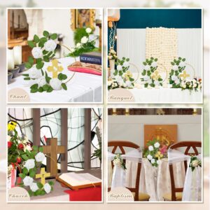 Wesiti 48 Pcs Baptism Centerpiece Decoration for Table 12 Wood Cross 12 Metal Floral Hoop Centerpiece with Stand 24 Foam Rose with Stem for Baptism Baby Shower Wedding(Gold and White,Stylish)