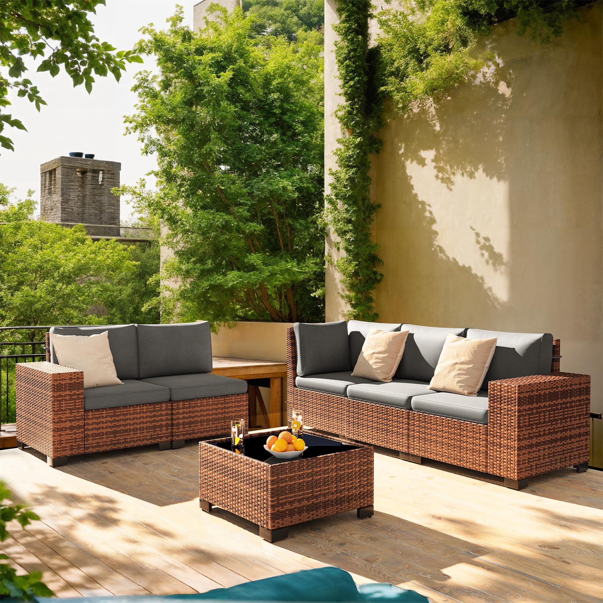 Amopatio Outdoor Sectional Furniture Set 6-Piece Brown Rattan Wicker Conversation Sofa Set with Glass Top Table and Waterproof Covers,Grey Cushions