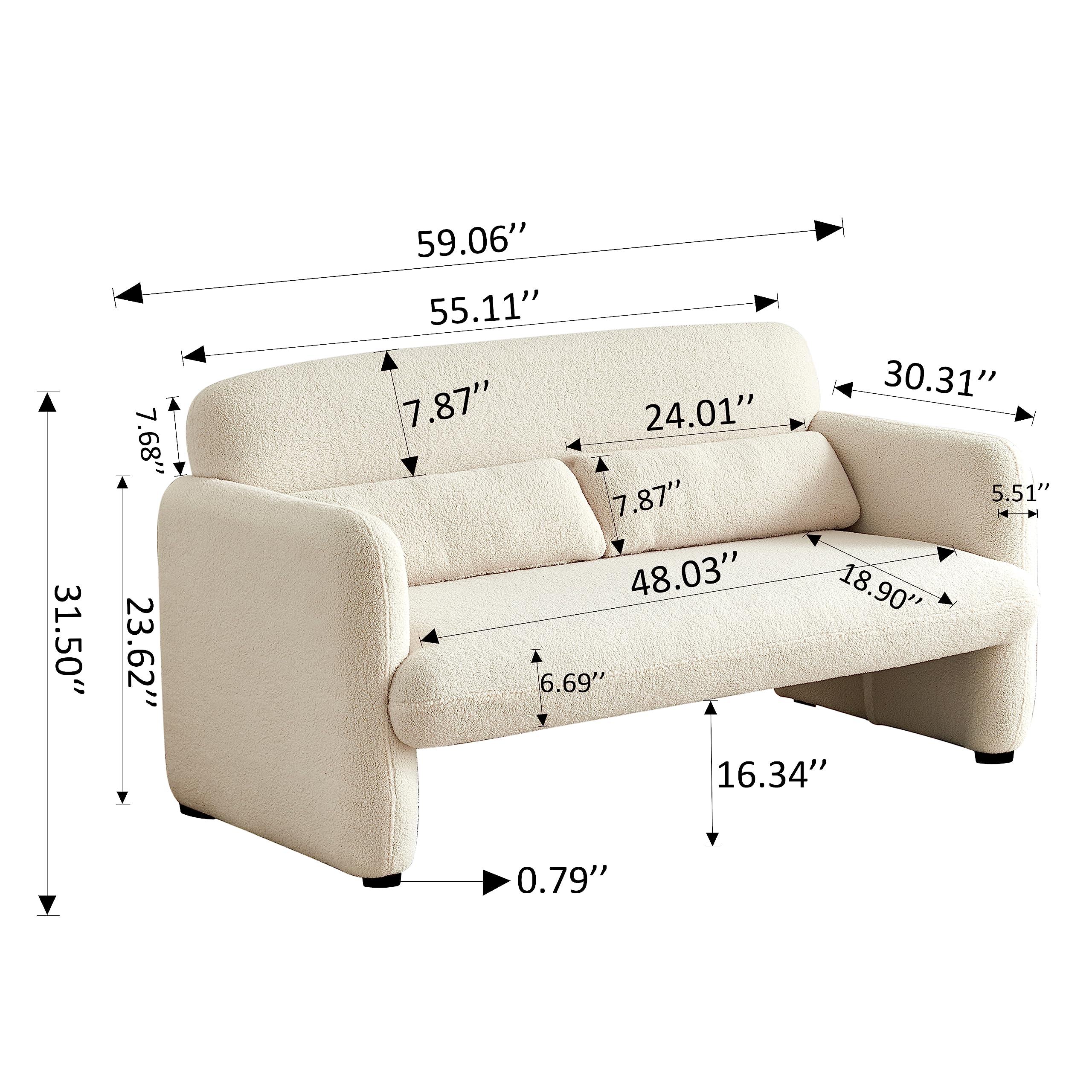 VASOENY 59.06'' Loveseat Sofa, 2 Seater Sherpa Lamb Fabric Love Seat Couch, Comfy Upholstered Modern Leisure Loveseat Couches with 2 Waist Pillow for Bedroom, Office, Living Room