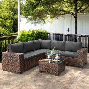 Amopatio Outdoor Sectional Furniture Set 6-Piece Brown Rattan Wicker Conversation Sofa Set with Glass Top Table and Waterproof Covers,Grey Cushions