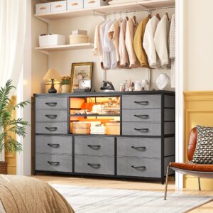 EnHomee Long Dresser for Bedroom with 12 Fabric Drawers,Bedroom Dresser with LED Lights & Power Outlet, Wooden Top & Metal Frame,for Living Room, Closet, Grey, 49.2''W*11.8''D*35.4''H