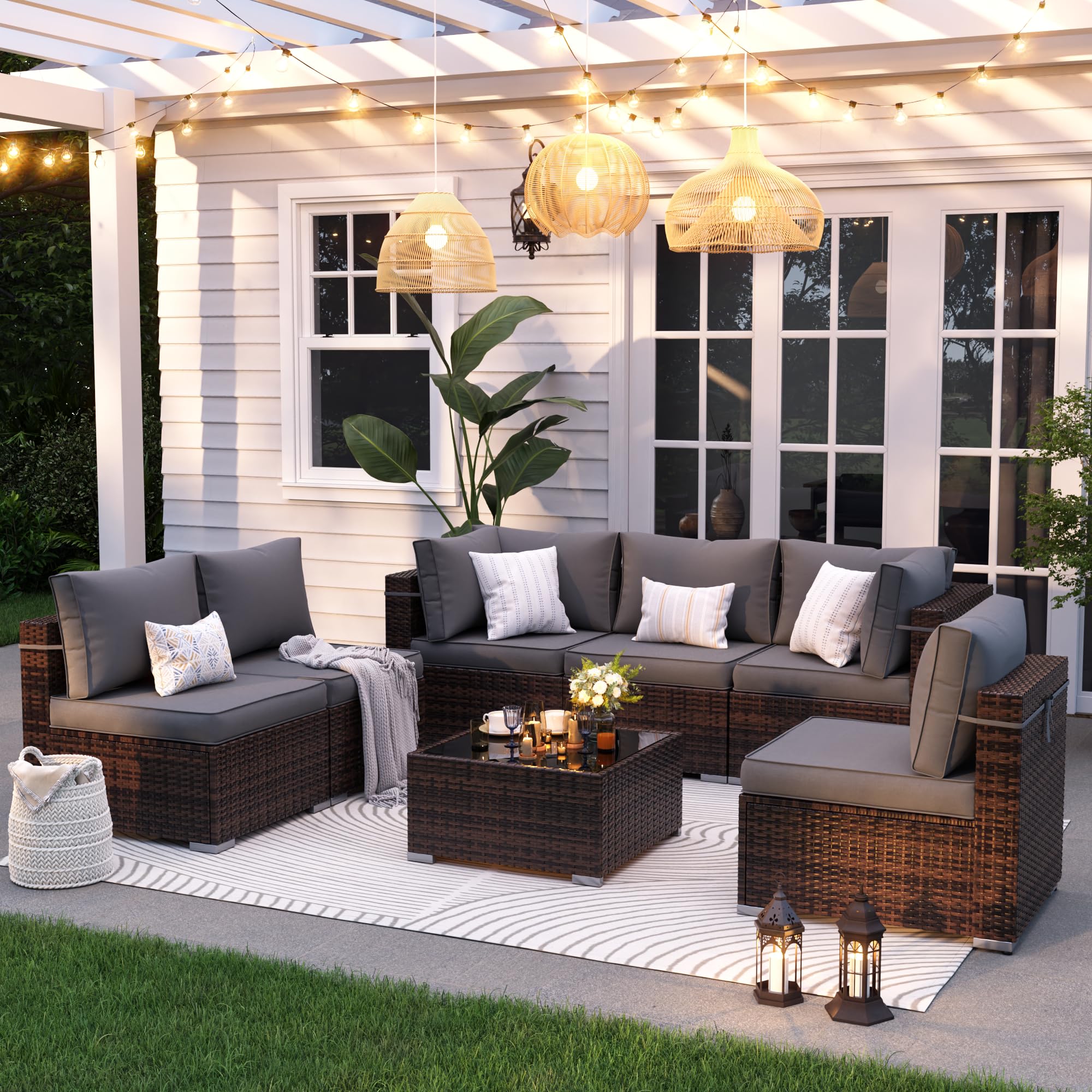 VONZOY Patio Furniture Set, 7-Piece Outdoor Sectional with Waterproof Cover, All-Weather Wicker Patio Conversation Sets for Backyard (Brown with Grey Cushion)