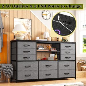 EnHomee Long Dresser for Bedroom with 12 Fabric Drawers,Bedroom Dresser with LED Lights & Power Outlet, Wooden Top & Metal Frame,for Living Room, Closet, Grey, 49.2''W*11.8''D*35.4''H