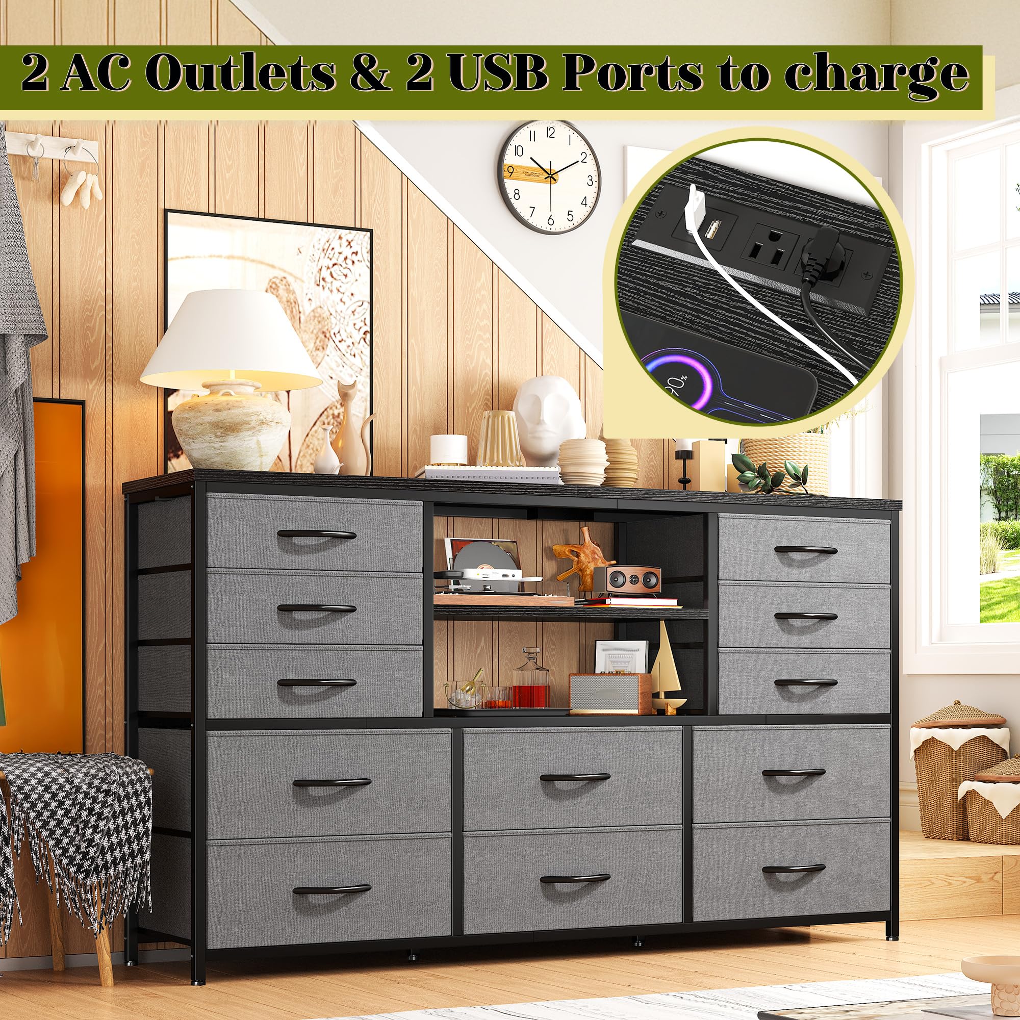 EnHomee Long Dresser for Bedroom with 12 Fabric Drawers,Bedroom Dresser with LED Lights & Power Outlet, Wooden Top & Metal Frame,for Living Room, Closet, Grey, 49.2''W*11.8''D*35.4''H