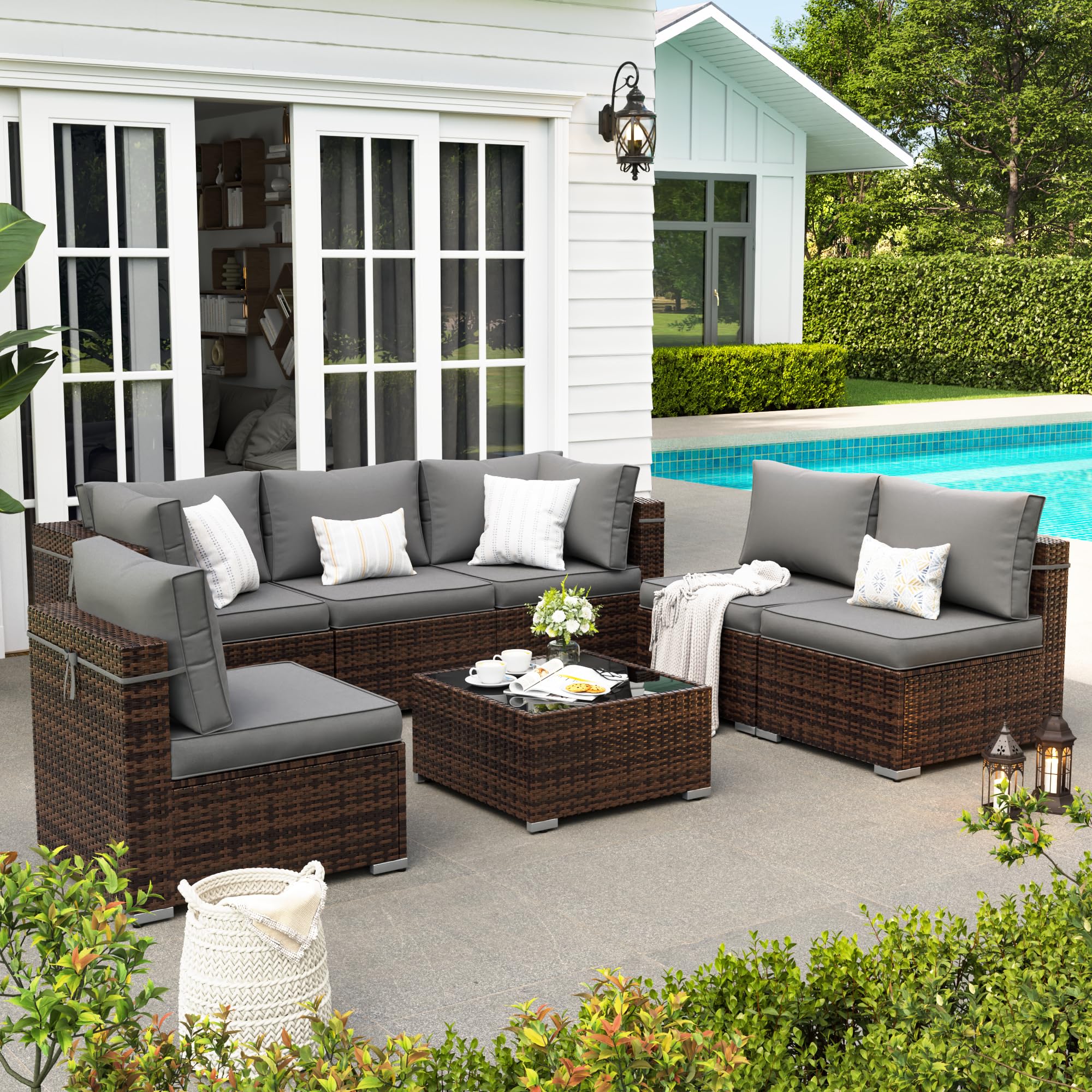 VONZOY Patio Furniture Set, 7-Piece Outdoor Sectional with Waterproof Cover, All-Weather Wicker Patio Conversation Sets for Backyard (Brown with Grey Cushion)