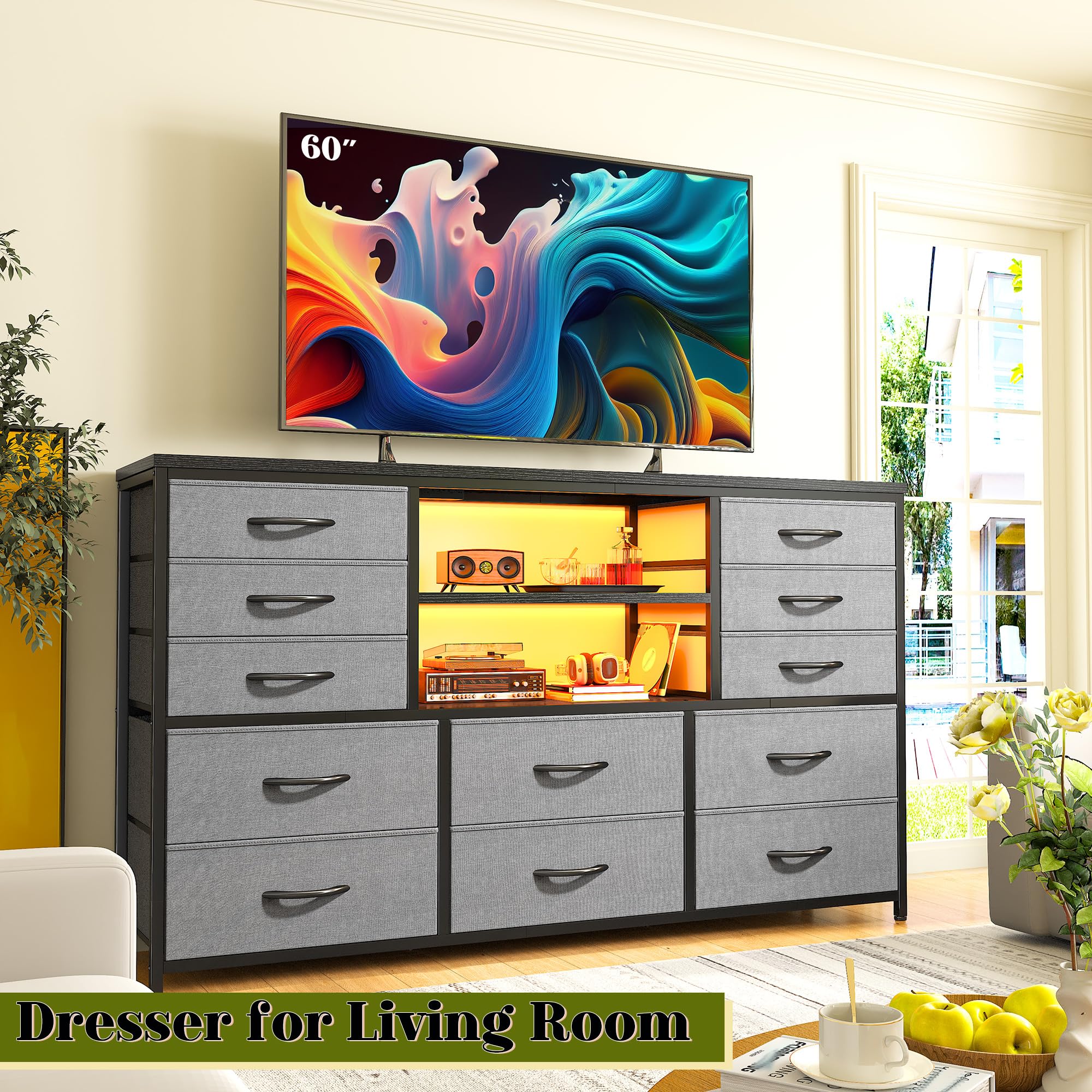 EnHomee Long Dresser for Bedroom with 12 Fabric Drawers,Bedroom Dresser with LED Lights & Power Outlet, Wooden Top & Metal Frame,for Living Room, Closet, Grey, 49.2''W*11.8''D*35.4''H