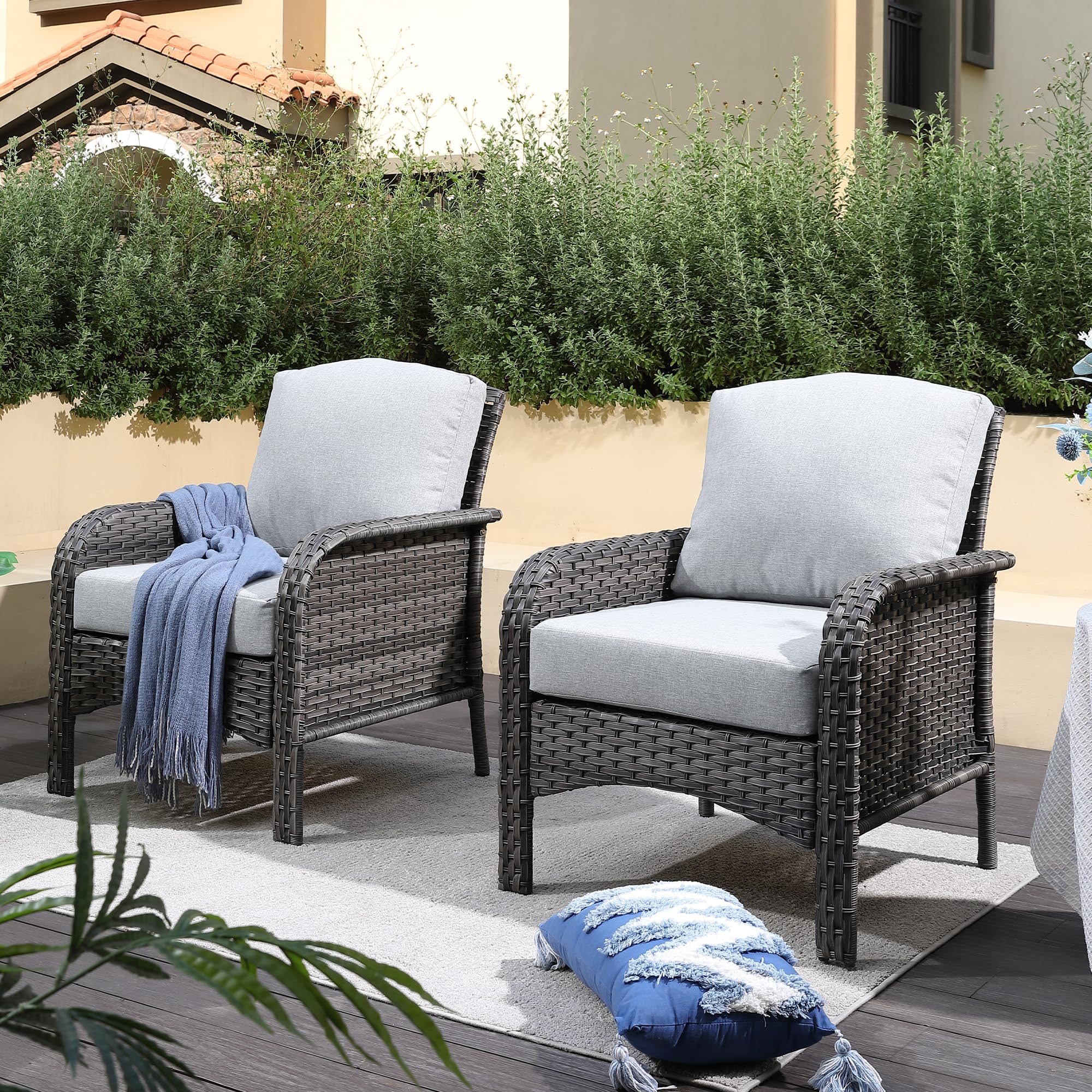 CAODOC 2 Pack Wicker Patio Furniture Chairs,Outdoor Rattan Chairs with Armrest Support 250 lb,Gray