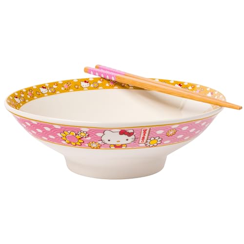 Silver Buffalo Sanrio Hello Kitty Pink and Gold Japanese Pattern with Flowers Ceramic Ramen Noodle Rice Bowl with Chopsticks, Microwave Safe, 30 Ounces