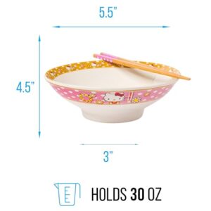 Silver Buffalo Sanrio Hello Kitty Pink and Gold Japanese Pattern with Flowers Ceramic Ramen Noodle Rice Bowl with Chopsticks, Microwave Safe, 30 Ounces