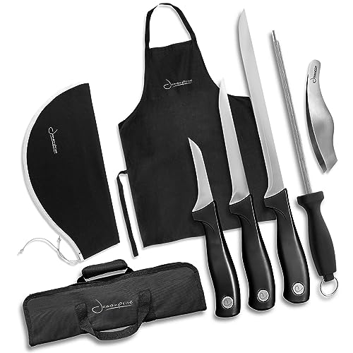 Iberico Ham Set with Ham Carving Knife, Boning Knife, Paring Knife, Knife Steel, Apron, Cover and Jamon Serrano Tongs - Slicing Knife for Meat Cutting - Chef Knife Set With Bag - Serrano Ham Knife