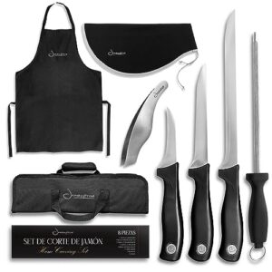 iberico ham set with ham carving knife, boning knife, paring knife, knife steel, apron, cover and jamon serrano tongs - slicing knife for meat cutting - chef knife set with bag - serrano ham knife