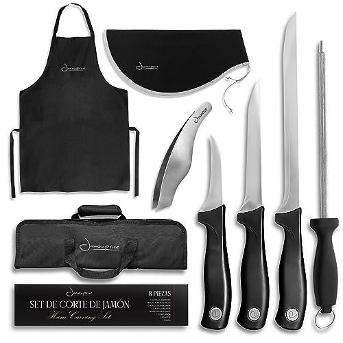 Iberico Ham Set with Ham Carving Knife, Boning Knife, Paring Knife, Knife Steel, Apron, Cover and Jamon Serrano Tongs - Slicing Knife for Meat Cutting - Chef Knife Set With Bag - Serrano Ham Knife