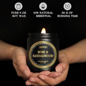 AOOVOO Scented Candles for Men - Rose & Sandalwood Candles for Home Scented | Crackling Wood Wick Soy Candles | Strong Fragranced Masculine Black Candle Gift for Women & Men, 9oz